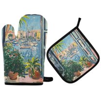 Yayeee Oven Mitts and Pot Holder Set of 2 Heat Resistant Kitchen Gloves Baking Hot Pad, Blue Sea Boat