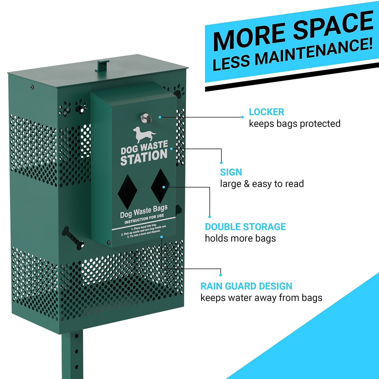 Flash Furniture Kessler Compact Dog Waste Station with Rectangular Lidded Trash Can and Locking Roll Waste Bag Dispenser in Green