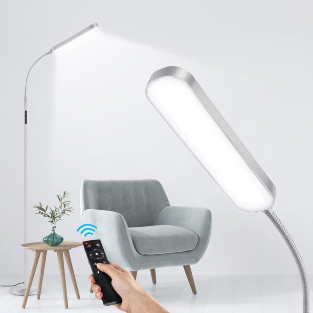 OUTON Silver LED Floor Lamp with 1H Memory Function, 4 Color Set Modern Standing Light for Living Room