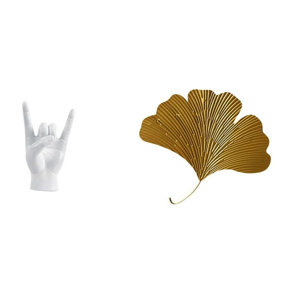 Lipstore Statue de Geste Rock Statue de Main et Doigt Musique Rock Sculpture Murale Feuille Sculpture Murale en Fer Forgé Ornement Feuilles de Ginkgo Résine Créative Materi