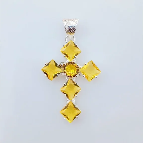 Citrine Cross Pendant 925 Sterling Silver Polished Handmade Gemstone Jewelry 2.20" Inch