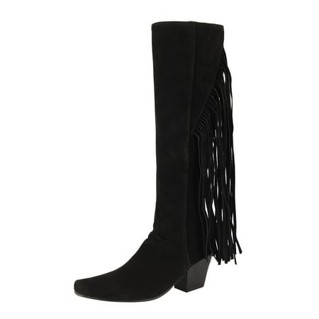 

Black Boots for Women Ladies Simple Fashion Square Heel Square Toe Solid Color Back Fringe Retro Mid High Boots Mid-Calf Boots for Women Suede Black
