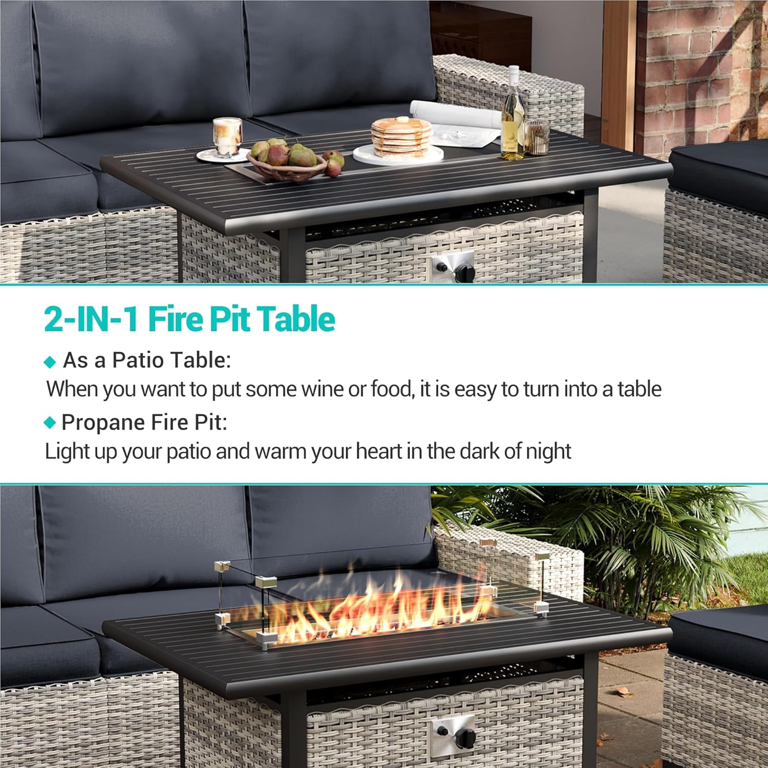 14-Piece Outdoor Patio Furniture Set with Rocking Swivel Chair, Wicker Rattan Sectional Sofa Conversation Set with 55,000 BTU Fire Pit Table, Backyard Furniture,Dark Grey