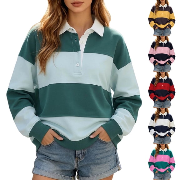 Shadoumai Women Oversized Striped Polo Sweatshirt Color Block Lapel Collared Pullover Tops Striped Long Sleeve Rugby Shirts