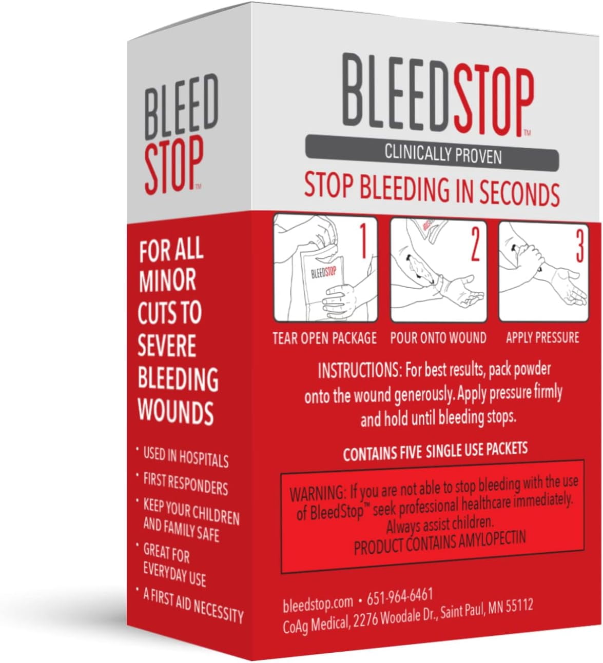 ™ First Aid Powder for Blood Clotting, Trauma Kit, Thinner Patients, Camping Safety, and Survival Equipment Moderate to Severe Bleeding Wounds or Nosebleeds 5 Pack 15g