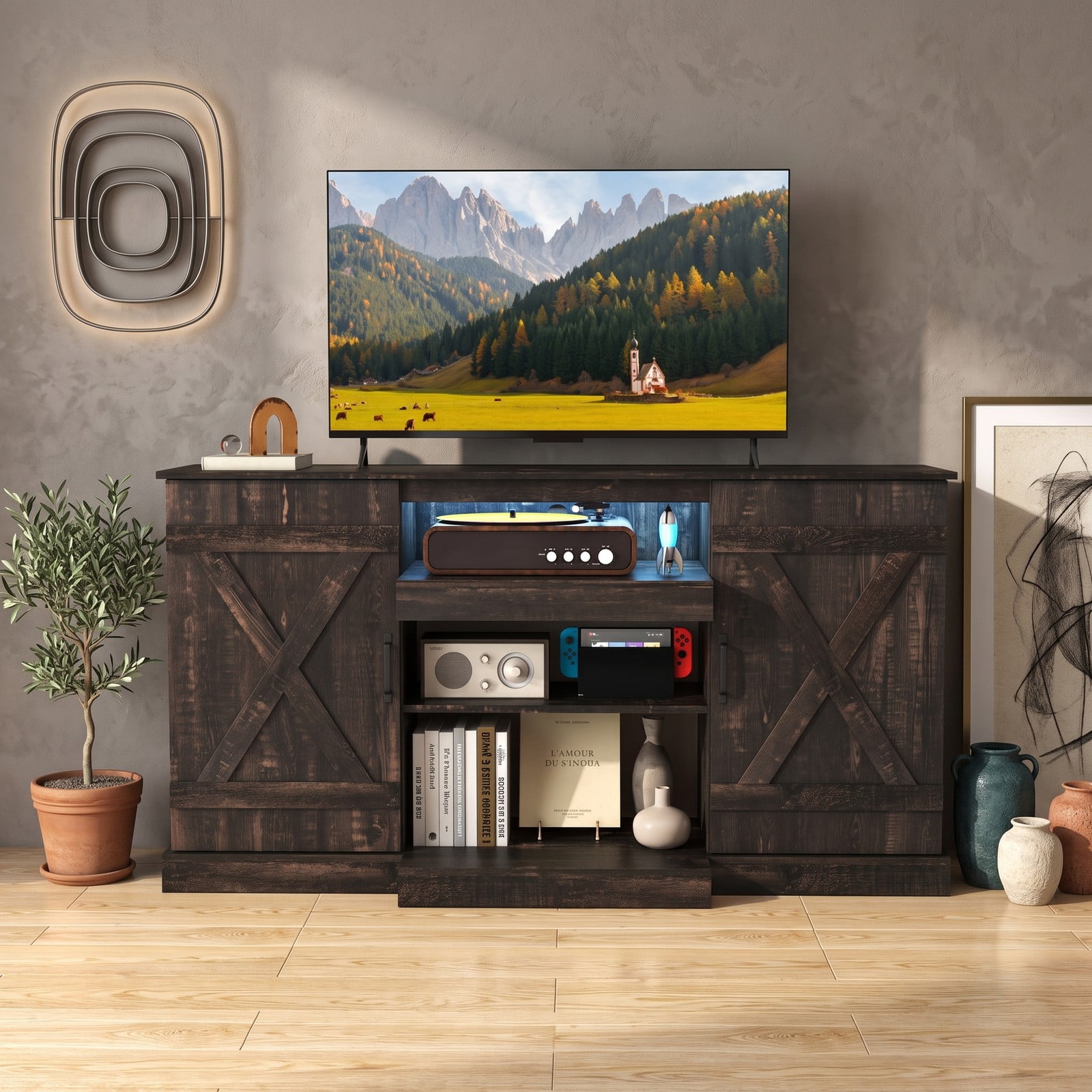 Furnibear 58 Inch Fireplace TV Stand for TVs up to 65 Inch, Rustic Wood Grain Entertainment Center with 20 Color LED Lights, Adjustable Shelves and 2 Cabinets, Brown