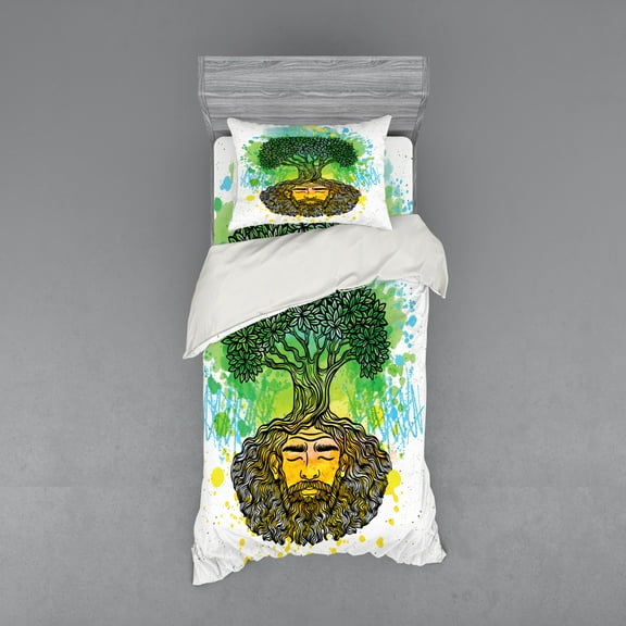 Nature Duvet Cover Set, Watercolor Splash Bearded Man Tree of Life Sketch, Bedding Set with Shams and Fitted Sheet, 3 Sizes, by Ambesonne