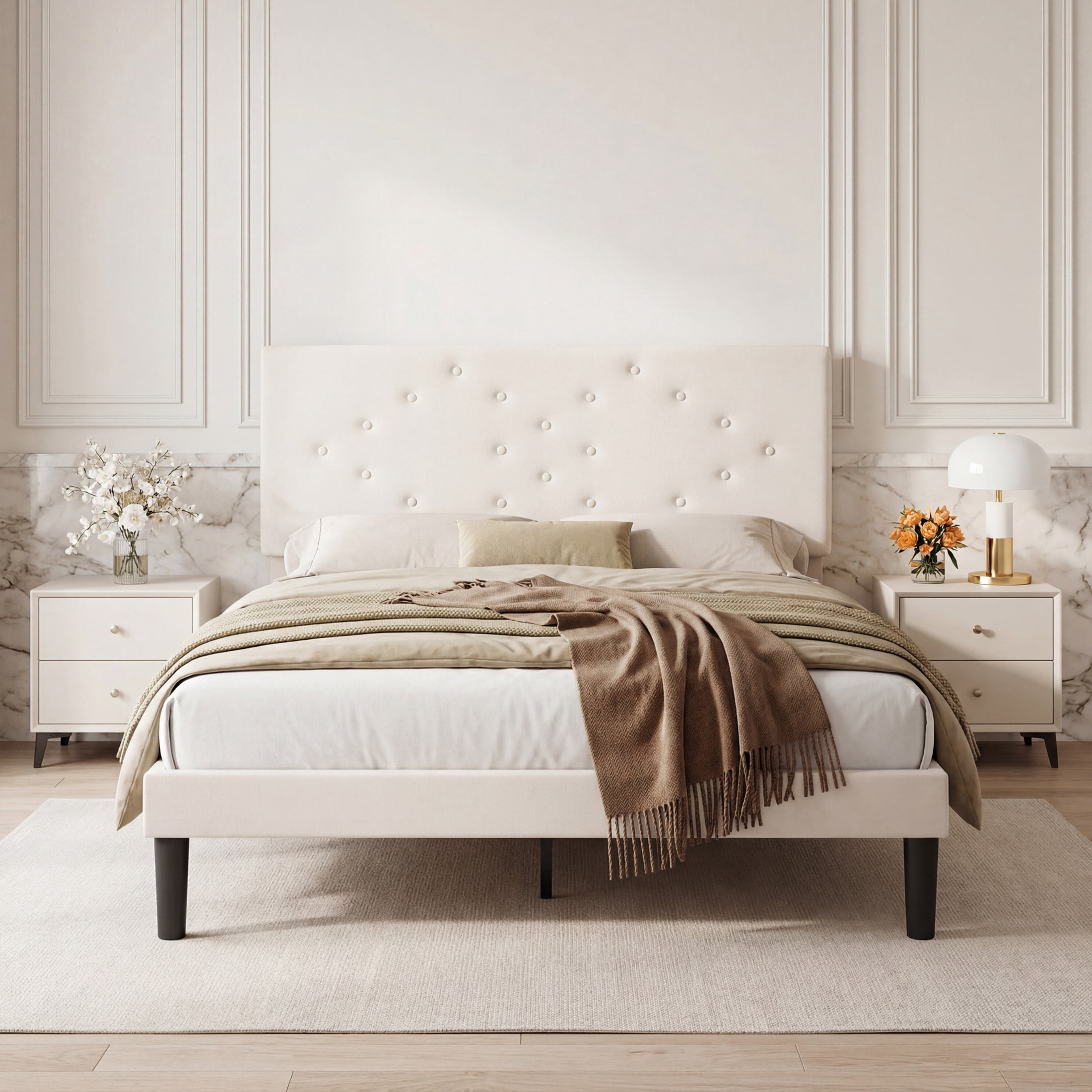 edx Upholstered Queen Bed Frame with Height-Adjustable Headboard and Crystal Buckle Accents, Beige