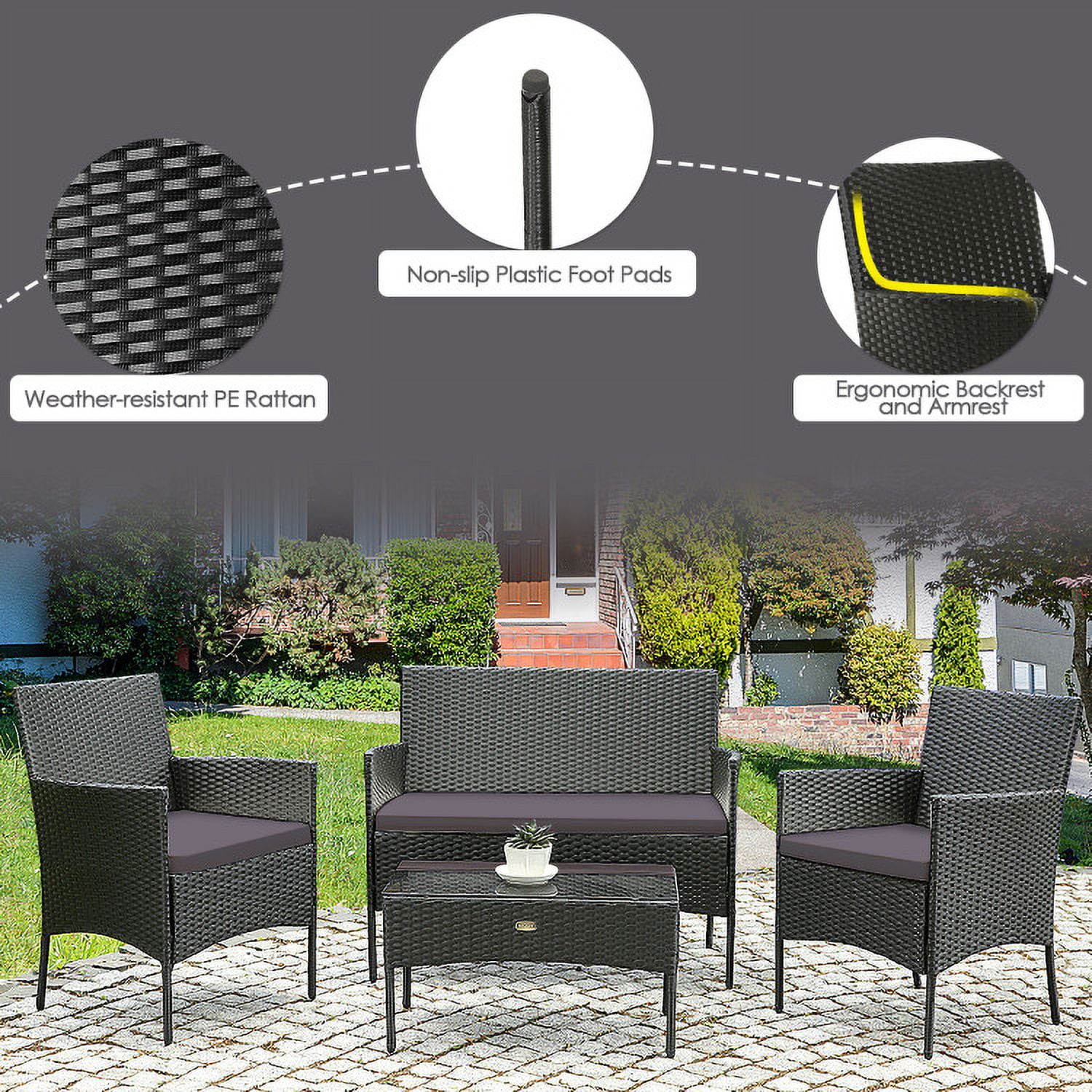 Aimee Lii 4 Pcs Patio Wicker Furniture Set, Cushioned Sofa Furniture with Tempered Glass Coffee Table, Small Patio Set, Gray Aimee Lii 4 Pcs Patio Wicker Furniture Set, Cushioned Sofa Furniture with Tempered Glass Coffee Table, Small Patio Set, Gray