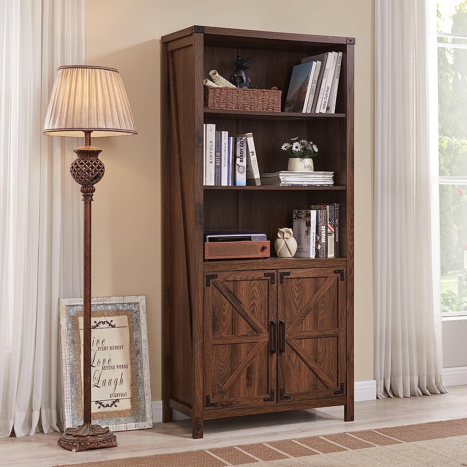 T4TREAM Bookcase with 2 Doors, Open Shelves Free Standing Storage