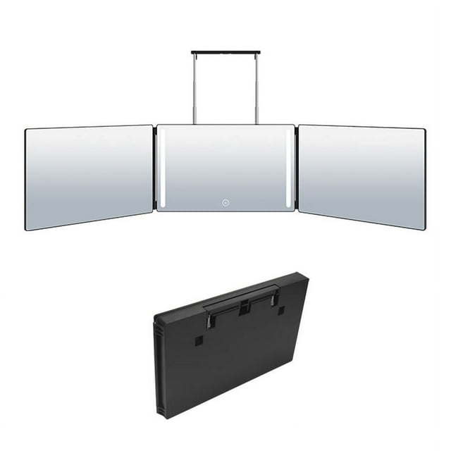 Rechargeable LED-Lit Tri-Fold Hanging Mirror with Multi-Angle Viewing – Portable Makeup & Haircut Tool, Cosmetic Storage Organizer, Stylish Black Business Gift