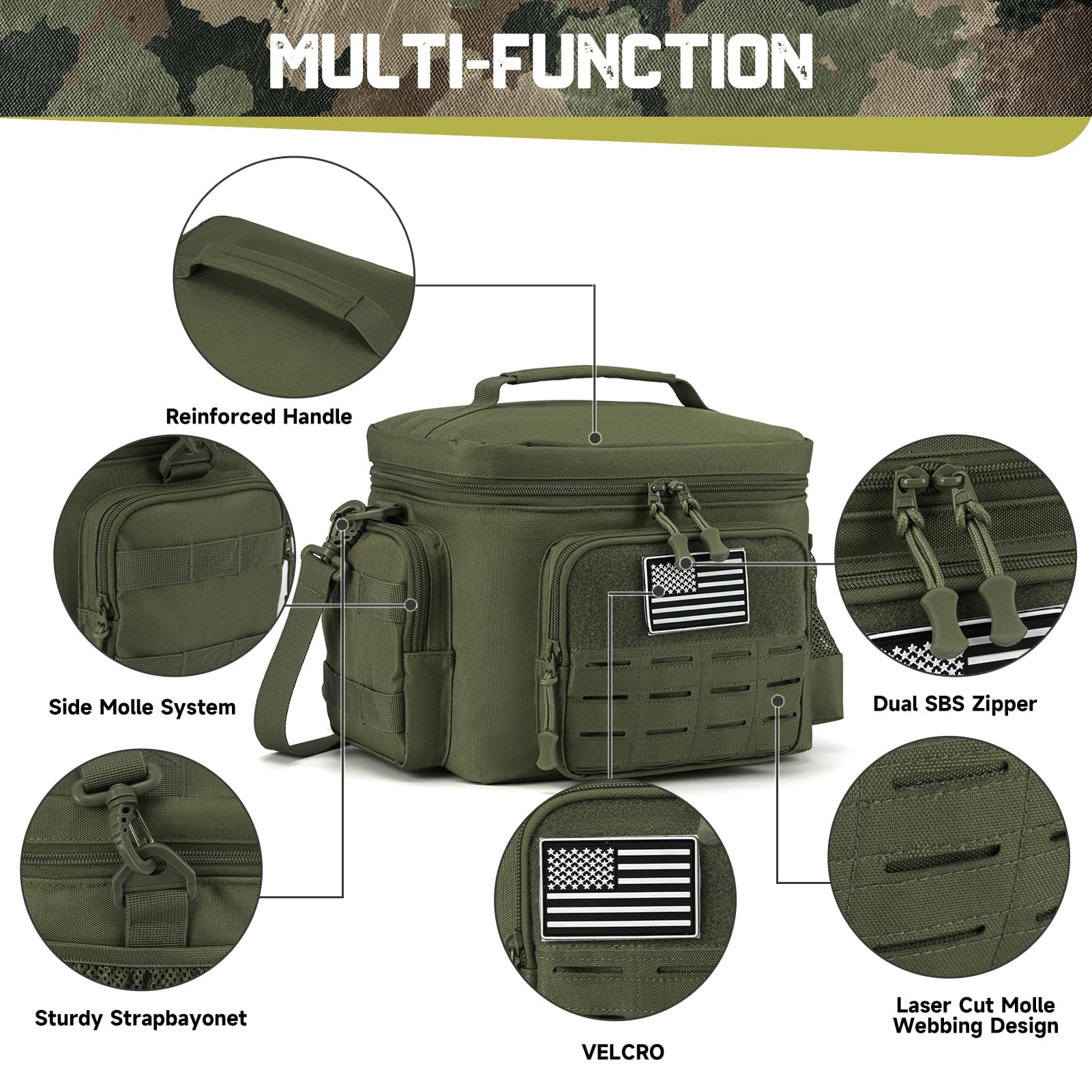 Haadid Tactical Lunch Bag for Mens Military Heavy Duty Lunch Box Work Leakproof Insulated Durable Thermal Cooler Bag for Adult Meal for Office Camping Picnic Pail MOLLE Webbing Army Green