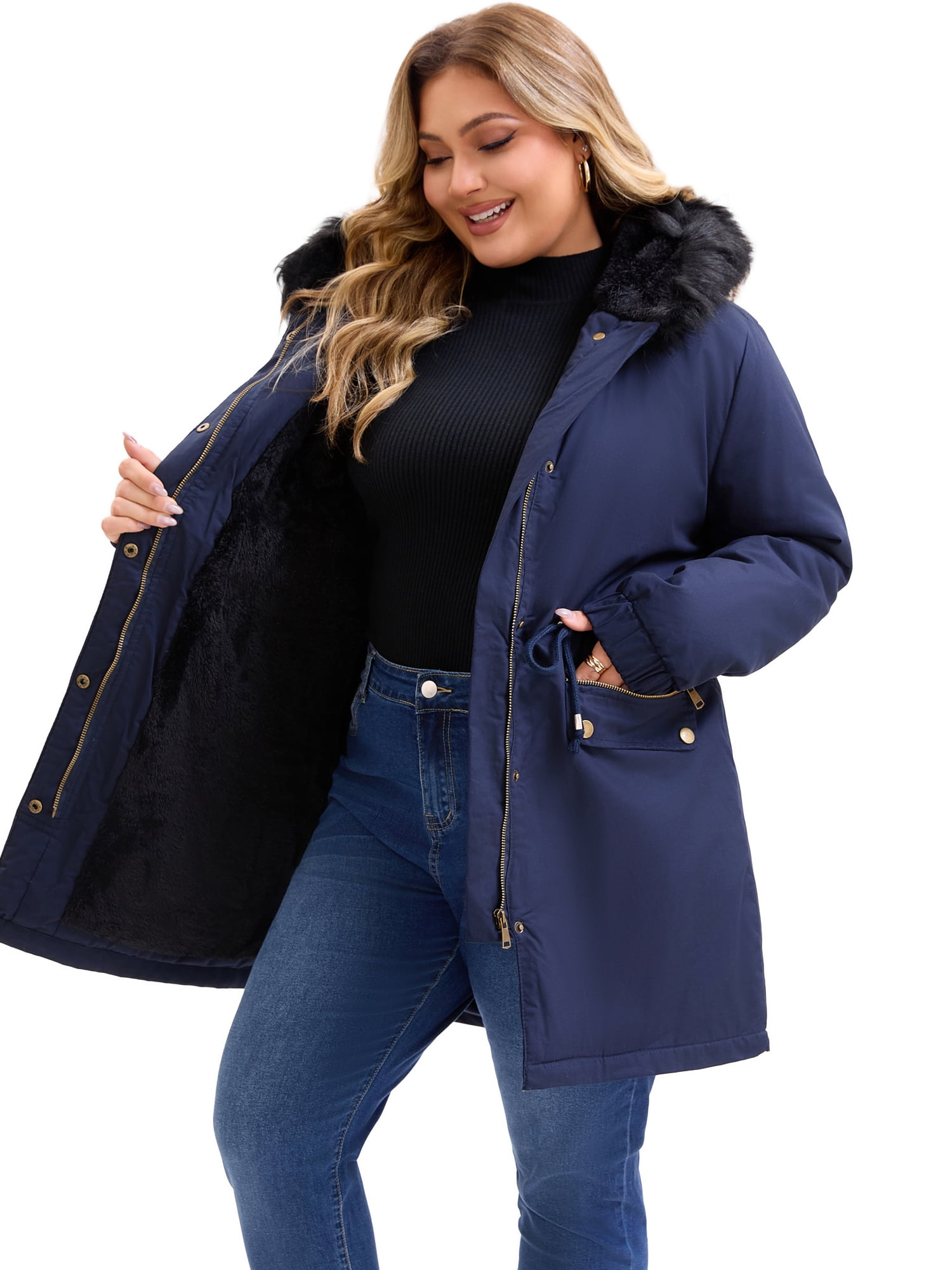DARING DIVA Women's Plus Parka Jacket Zipper Up Fleece Windbreaker with Pocket 2X Blue