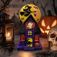 thumbnail image 2 of HAHUT Halloween House Blow Mold Light, Resin Pre-Lit Spooky Mansion with Glowing Witch Moon, Ghost & Black Cat for Halloween Party Tabletop Decor (Purple), 2 of 6