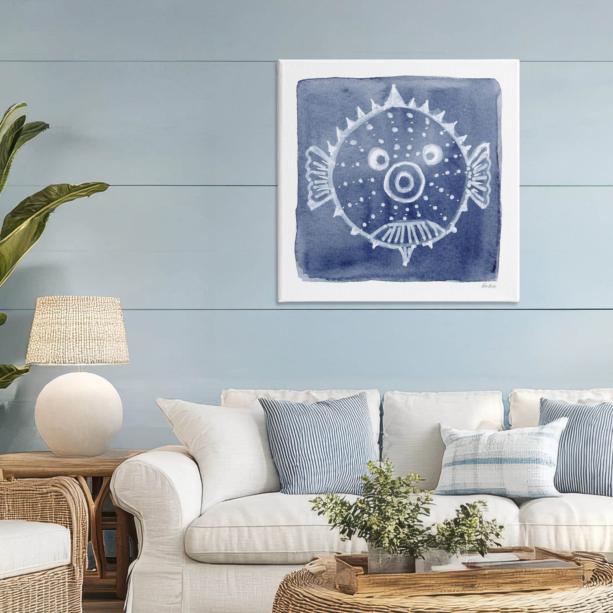 Stupell Industries White Blow Fish on Indigo Canvas Wall Art, design by Patti Bishop