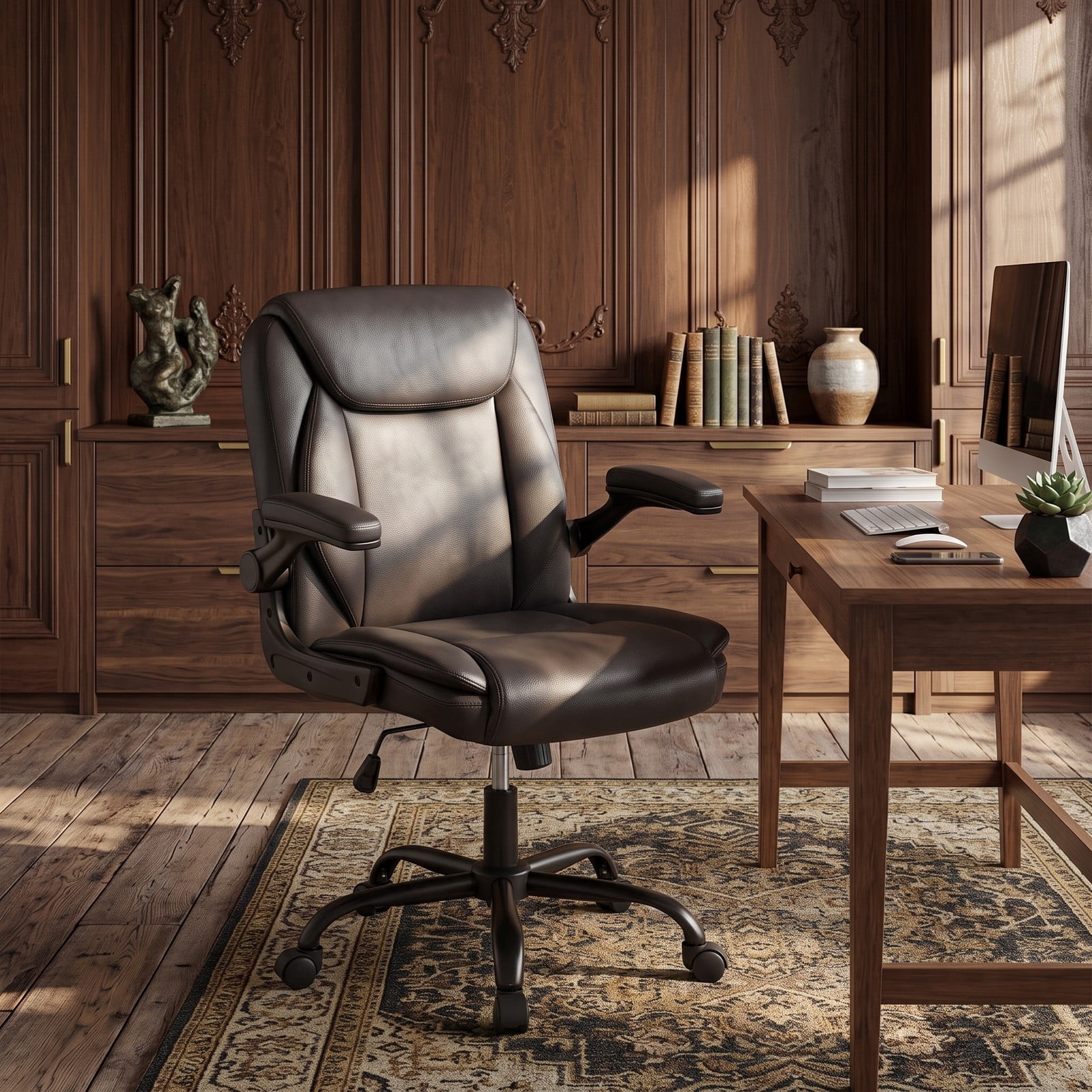 Furnibear Ergonomic Leather Office Chair, High Back PU Leather Executive Desk Chair with Flip-up Armrests, Rocking Function, Adjustable Height and Swivel for, Black