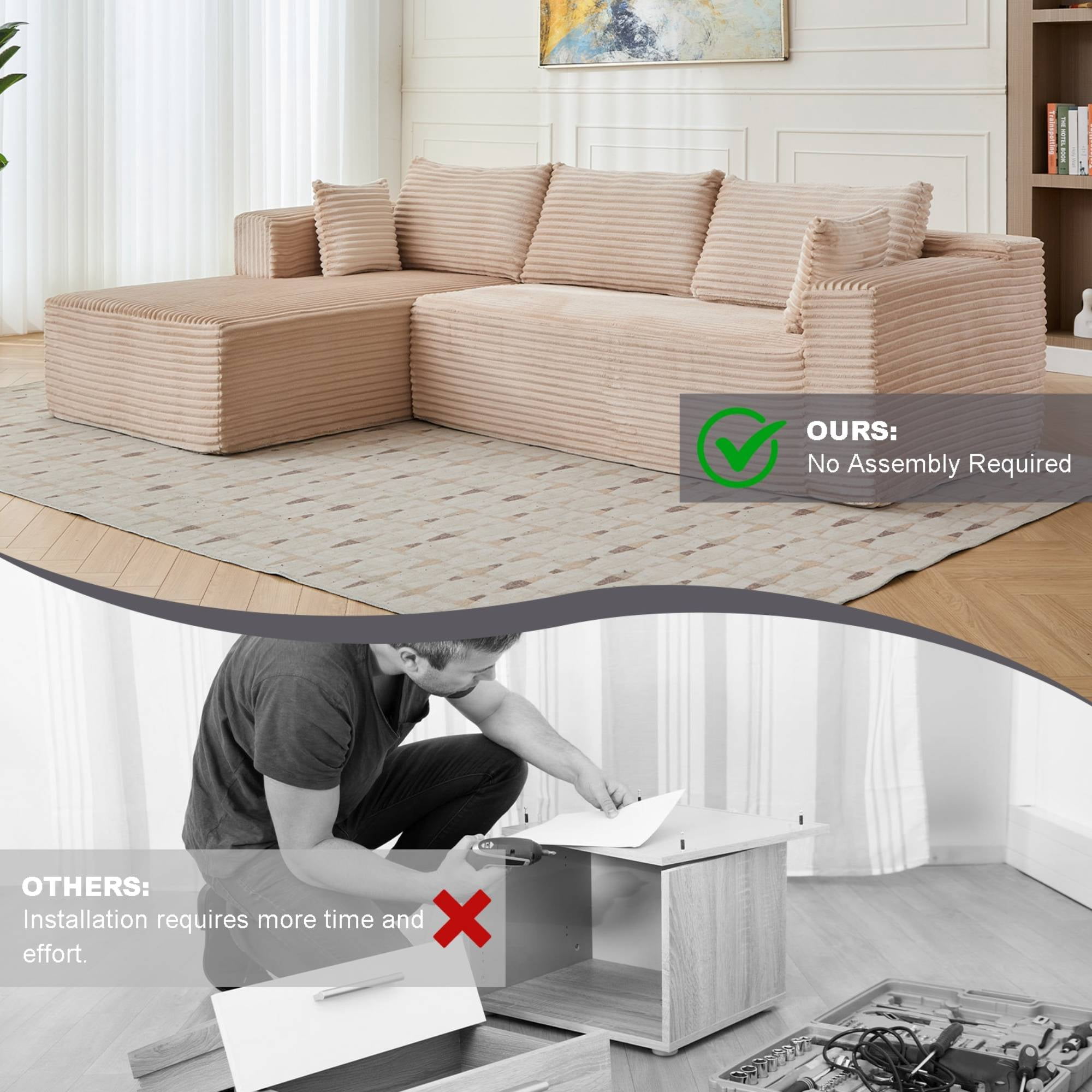 110" Cloud Sectional Couch with Chaise,Modern L-Shape Modular Sofa Corduroy Sleeper Couches for Living Room, Beige