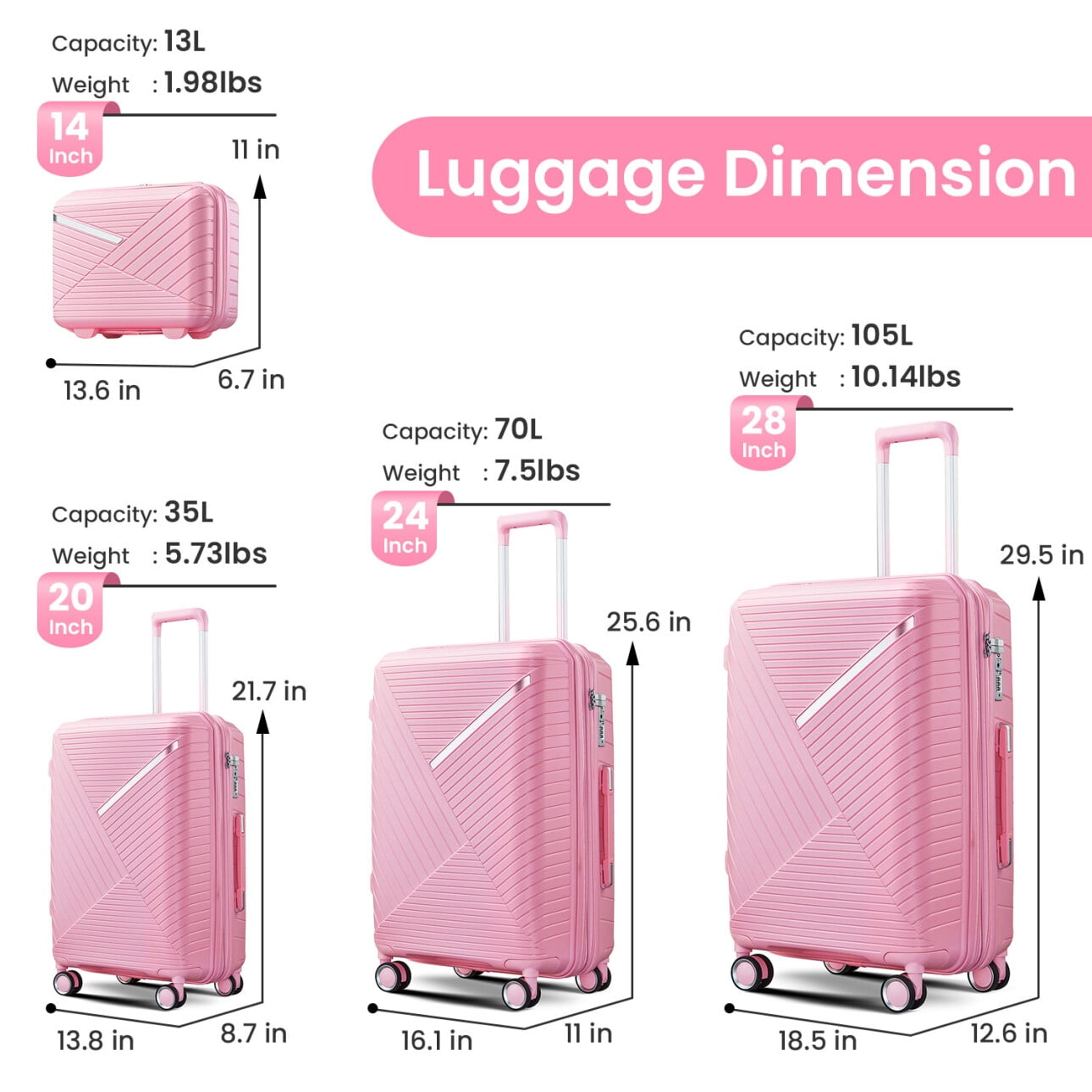 Set of 4 Expandable Luggage Suitcase, Lightweight Hardshell Suitcase Sets with TSA Lock and 360° Double Spinner Wheels, 14"20"/24"/28" Carry-on Travel Suitcase for Women Men Weekender, Pink