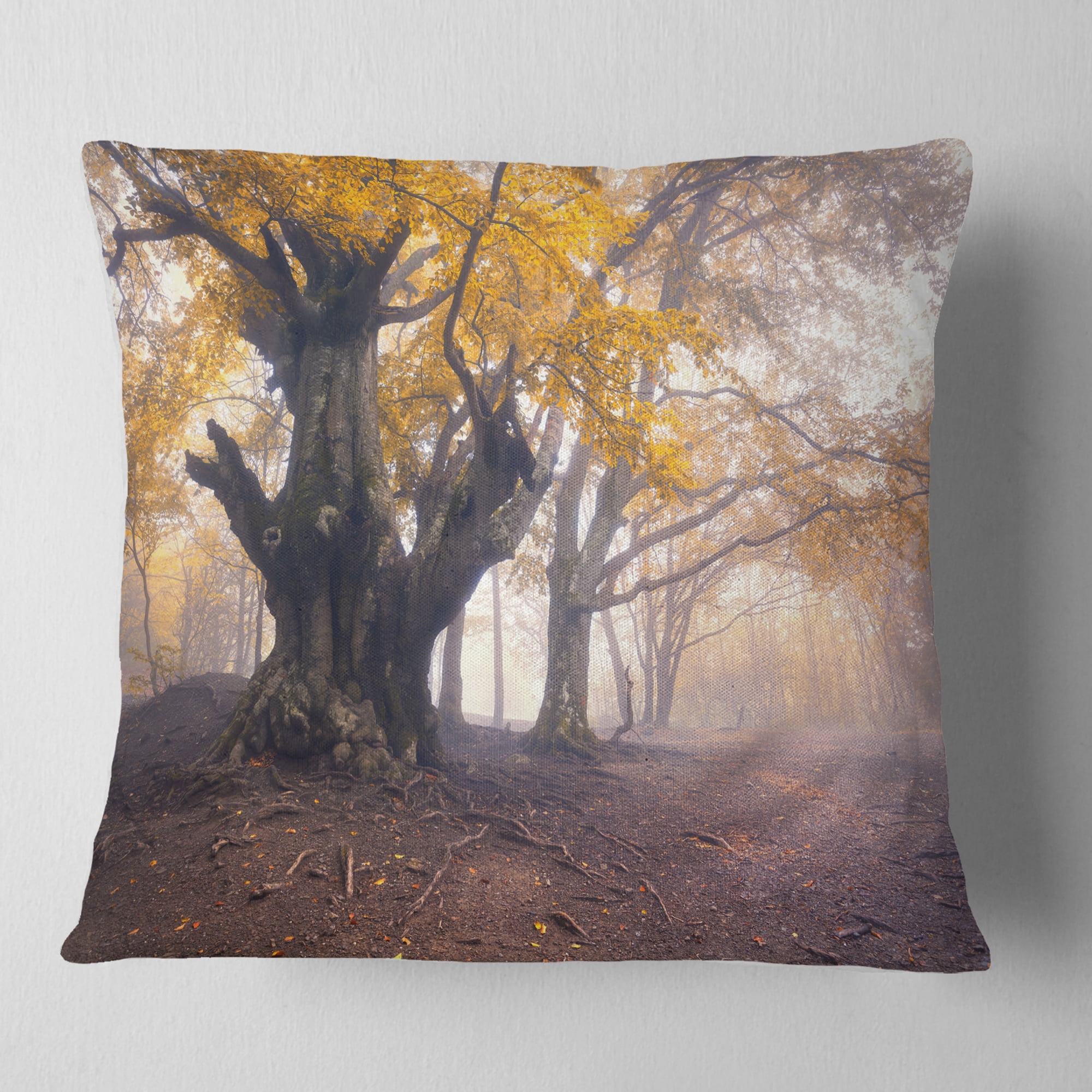 Designart Dark Tree with Yellow Leaves - Landscape Photography Throw Pillow - 18x18