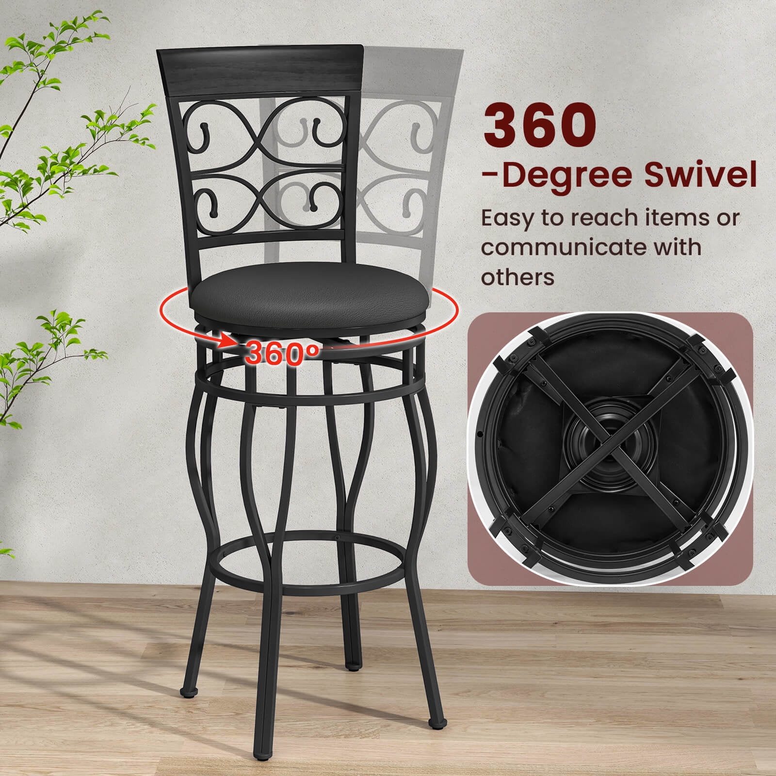 Costway Round Swivel Back Seat Bar Stool, Black (Set of 4)