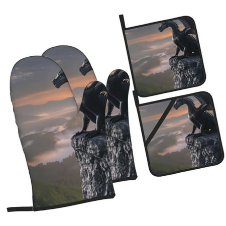

Sikiie Black Dragon Cliff Dawn Oven Mitts and Pot Holders Silicone Oven Gloves Heat Resistant Oven Mitts 4Pcs Set