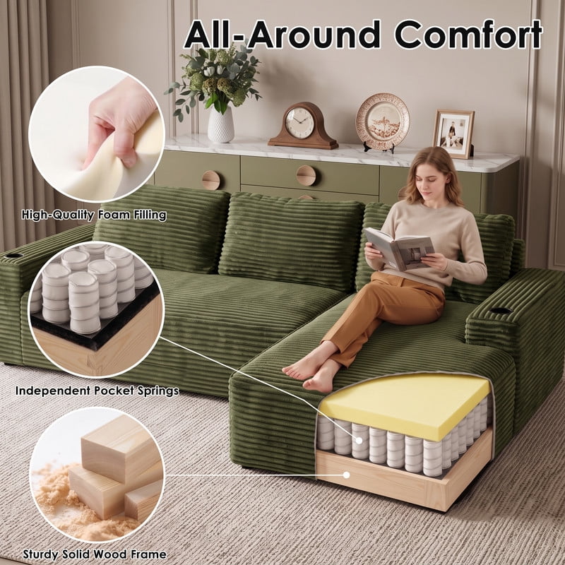 Anpport 104" Boneless Cloud Modular Sectional Couch, Corduroy Sofa with Cup Holders, Side Pockets, Deep Seat, No Assembly Required for Living Room, Green (R‑Shaped, Right Facing Chaise)