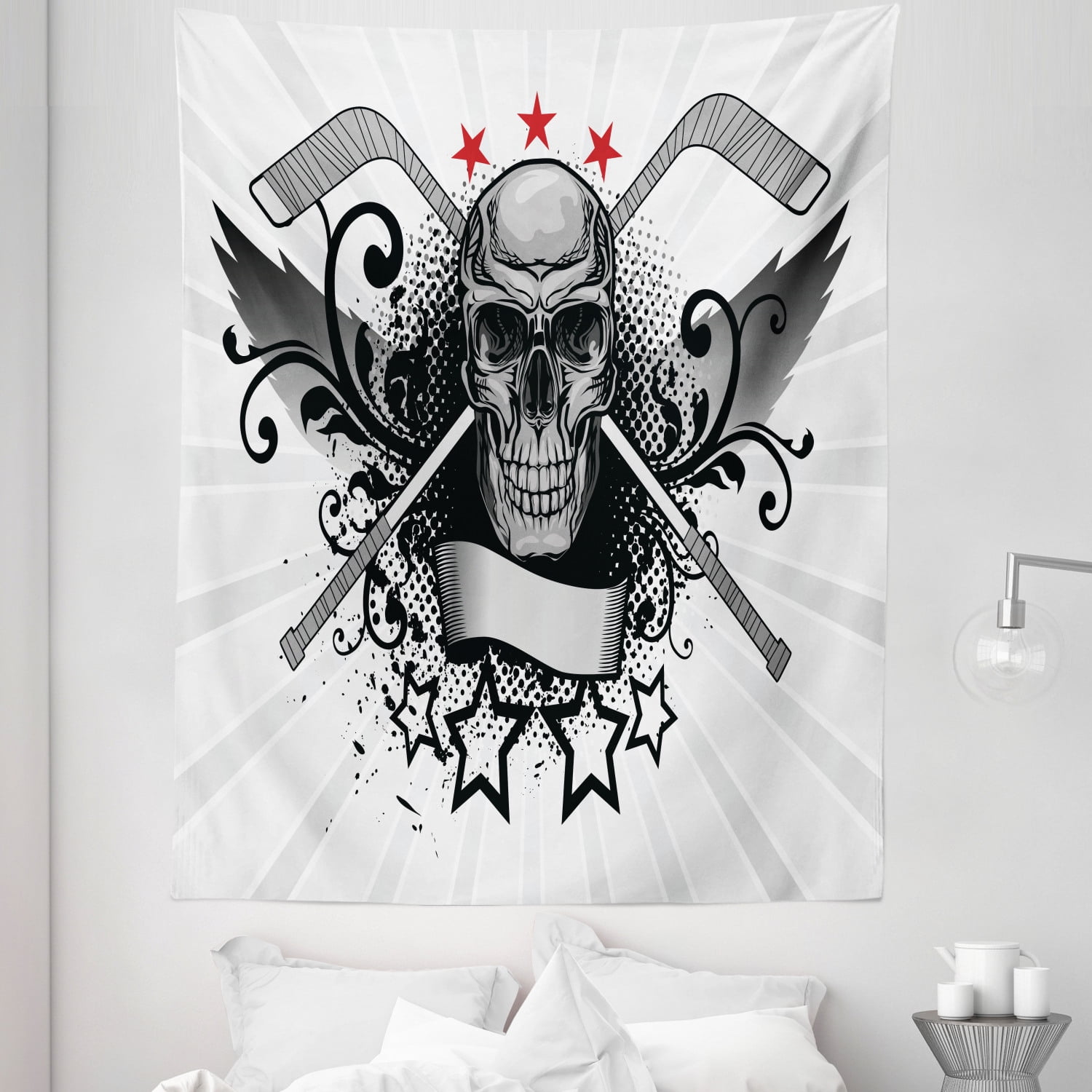 Hockey Tapestry, Illustration of a Skull with Hockey Sticks Swirls and
