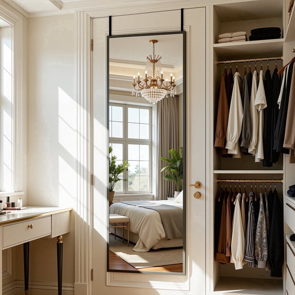 Antok 3-in-1 48" x 14.1" Full Length Mirror, Door Mirror, Wall-Mounted Mirror - Stands, Leans on Wall or Hangs, Black Rected Corner