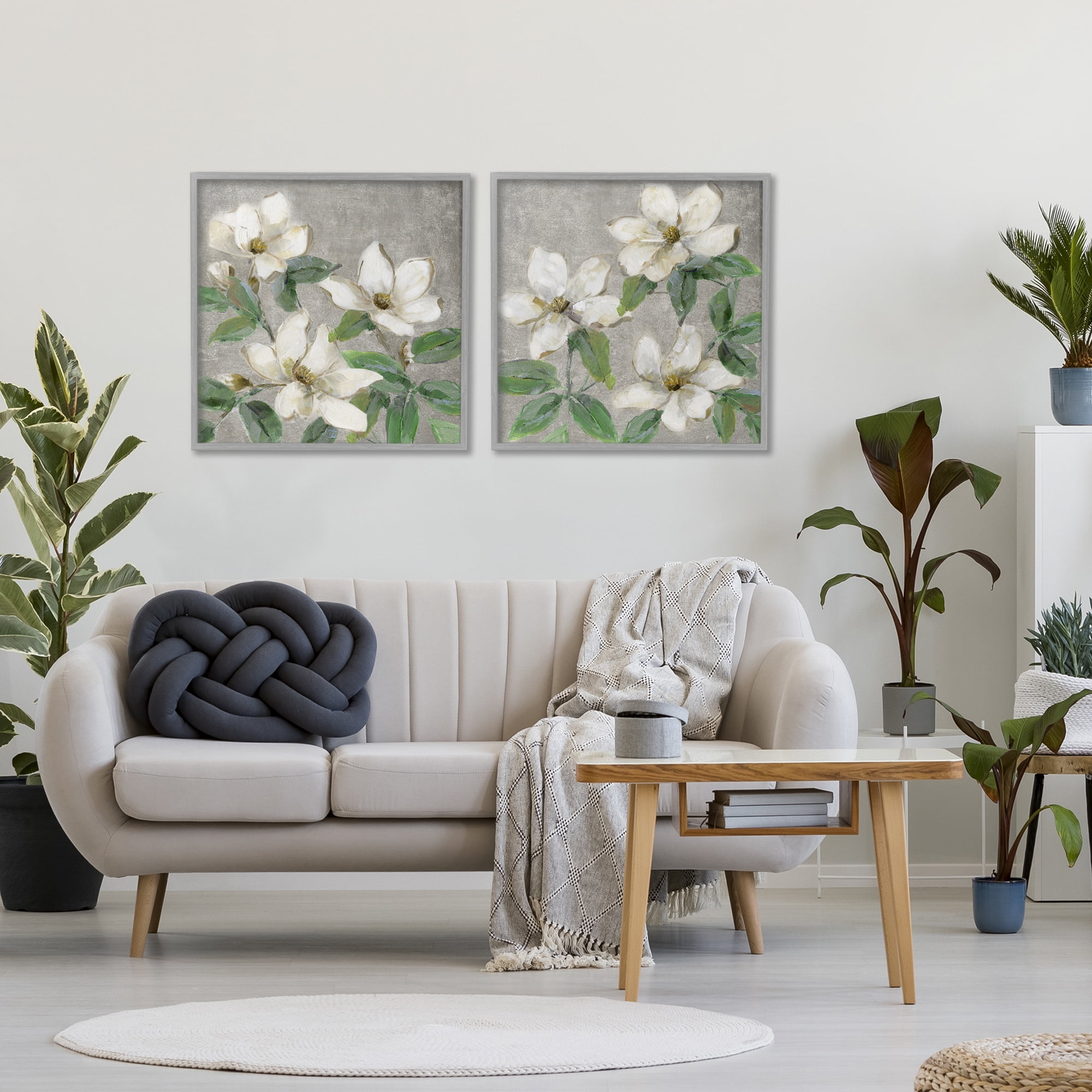 Stupell Industries Blooming Ivory Magnolias 2 Piece Gray Framed Giclee Art Set, design by Sally Swatland
