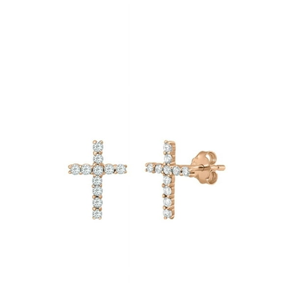 Rose Gold Plated Cross CZ Earrings, Sterling Silver 925, Religious With Gift Box