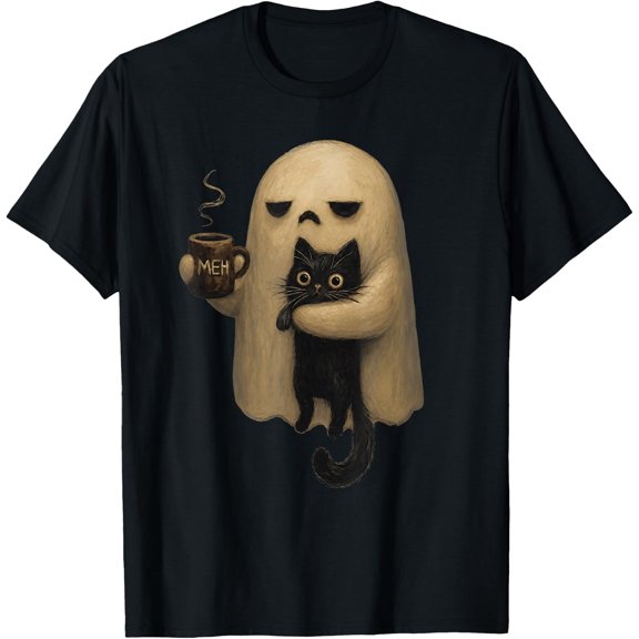 Spooky Ghost Holding Black Cat Coffee Lover Funny Halloween T-Shirt