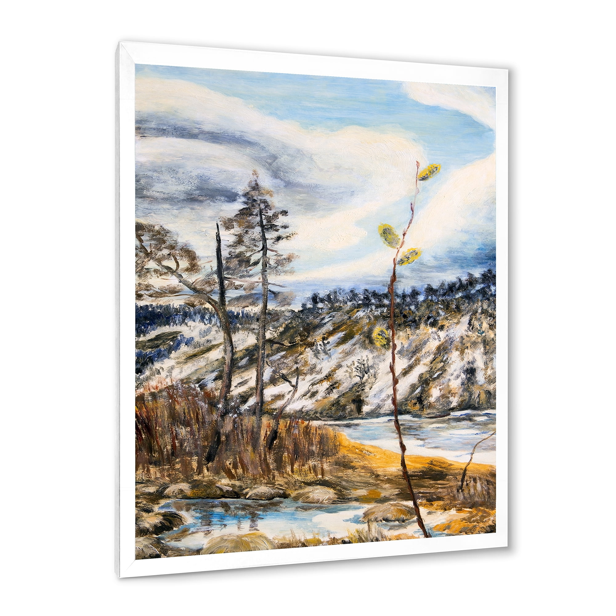 The Cloudy Sky and The River With Spring Landscape 30 in x 40 in Framed Painting Canvas Art Print, by Designart