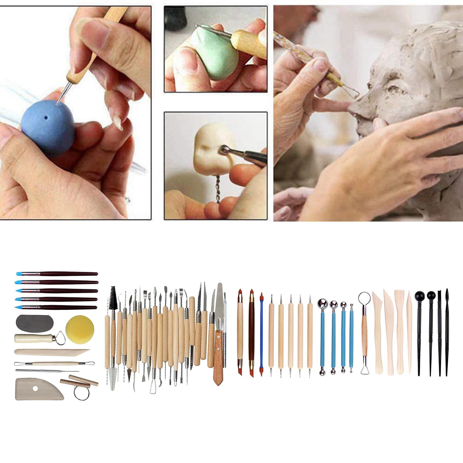 GUOOL Pottery Carving Tool Kit with Wooden Handle Steel Tip Ceramics Clay Pottery Modeling Blending Smoothing Tool Cleaning Tool Set Craft - 56 Pieces