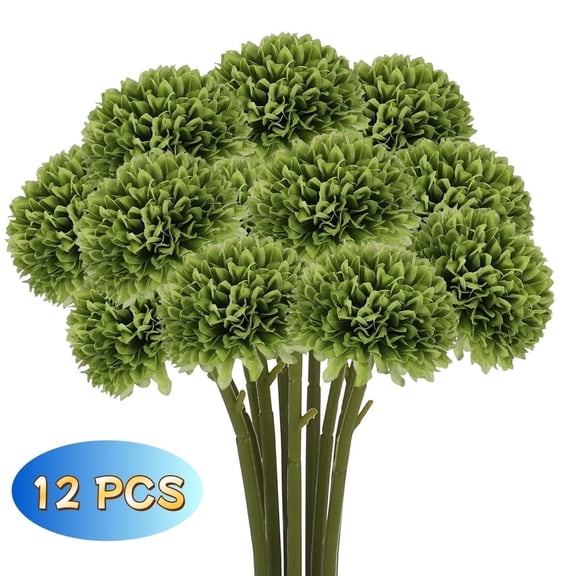 Artificial Chrysanthemums Green Silk Flowers Faux Kiku Flowers 12 Pcs 11.2" - Home Garden Wedding Table Centerpiece Flowers Decor (Green)