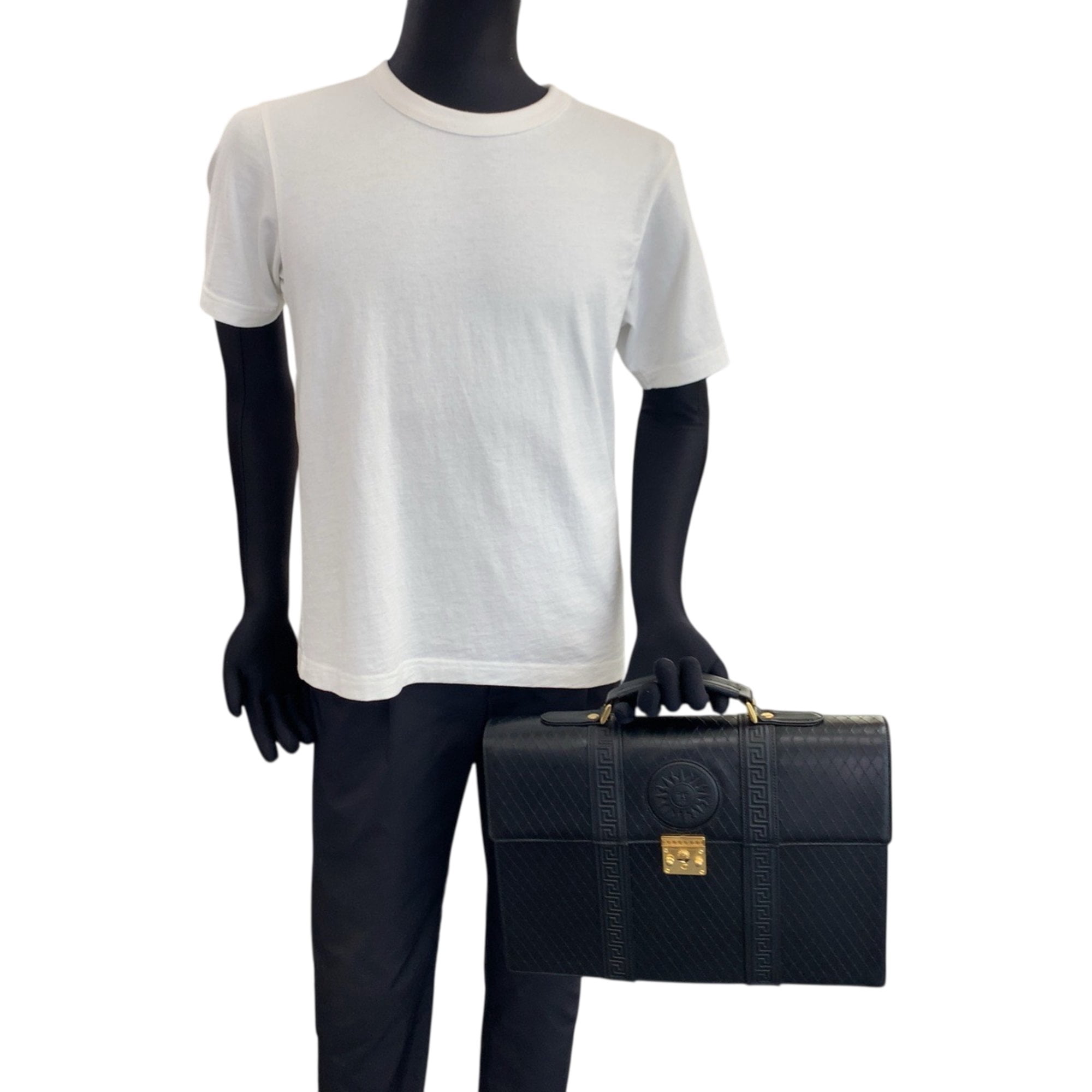 Pre-Owned Gianni Versace Vintage Sunburst Black Leather Business Briefcase with Gold Hardware...