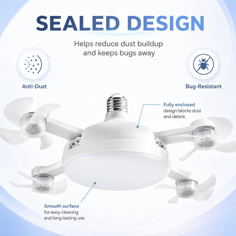 E27 Ceiling Fan Light – 2-in-1 Screw-In LED Lamp With Remote, 3 Speeds, 3 Color Temps, Timer, Quiet Low-Profile (5 Blades)