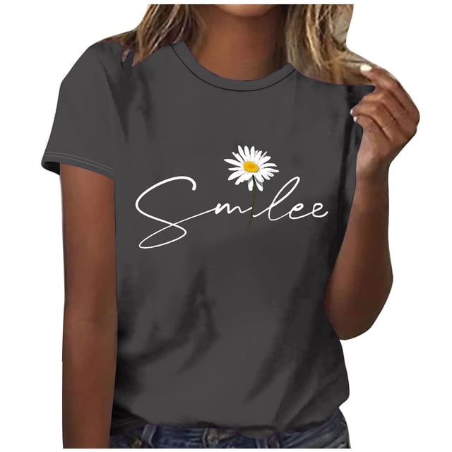 Birdeem Blouses pour Femmes Imprimé Lettres Col Rond Manches Courtes Haut/chemise