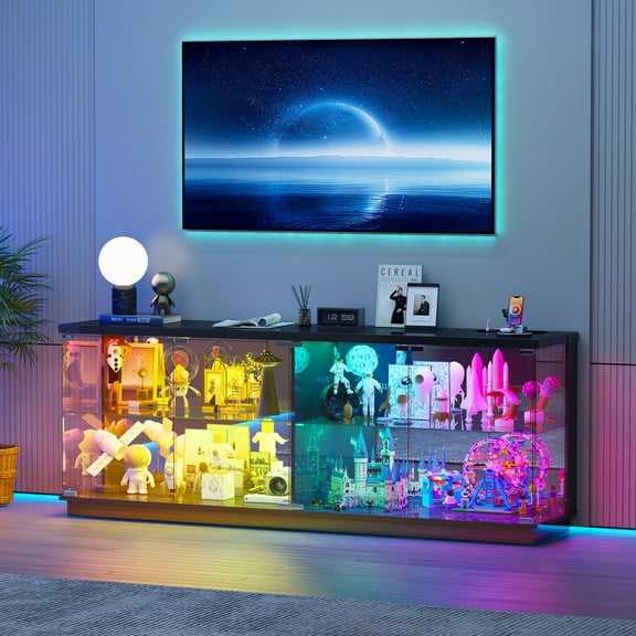 VKCC Display Cabinet with Glass Doors,Lighted Cuiro Cabinet with Charging Station,Display Case with 4-Tier Shelves for Living Room,Black