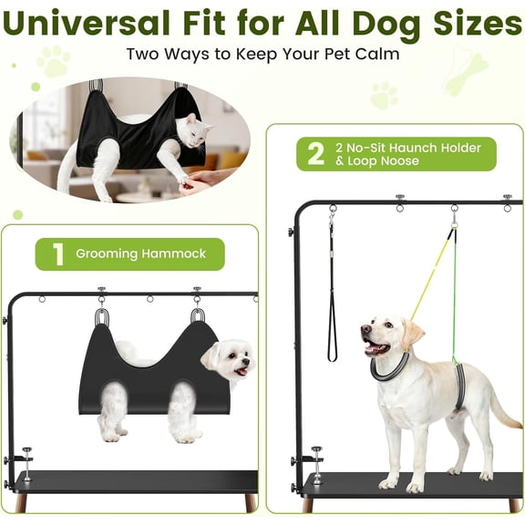 Dog Grooming Arm with Hammock & 2 Nooses - Adjustable Table Arm Height 20''-42'', Width 27''-39'', Table Clamp Up to 2.76'' Thickness, Pet Grooming Table Arm for Small Medium Breeds Up 70IB, Stable
