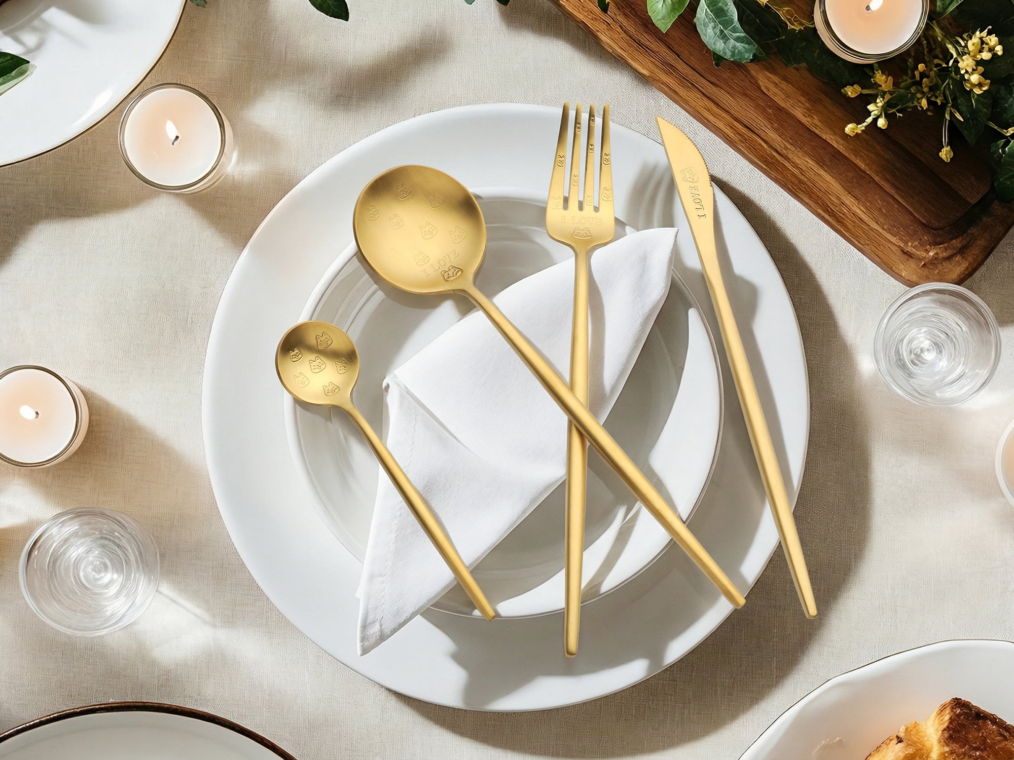 Unique Bargains 4 Piece Stainless Steel Floral Flatware Modern Cutlery Set Gold 4