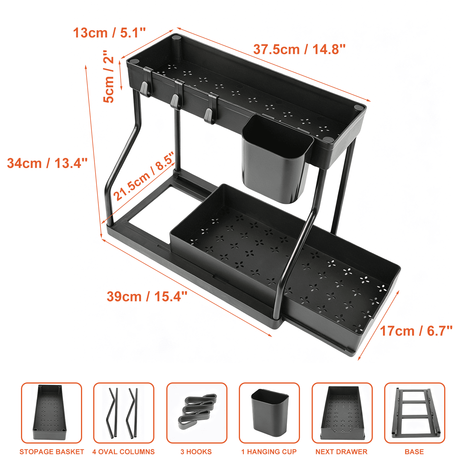 2 Pack Under Sink Organizer, 2 Tier L-Shaped Pull Out Cabinet Organizer for Kitchen and Bathroom, Space Saving Sliding Drawer Storage Rack, Durable Plastic Narrow Space Shelves, Black