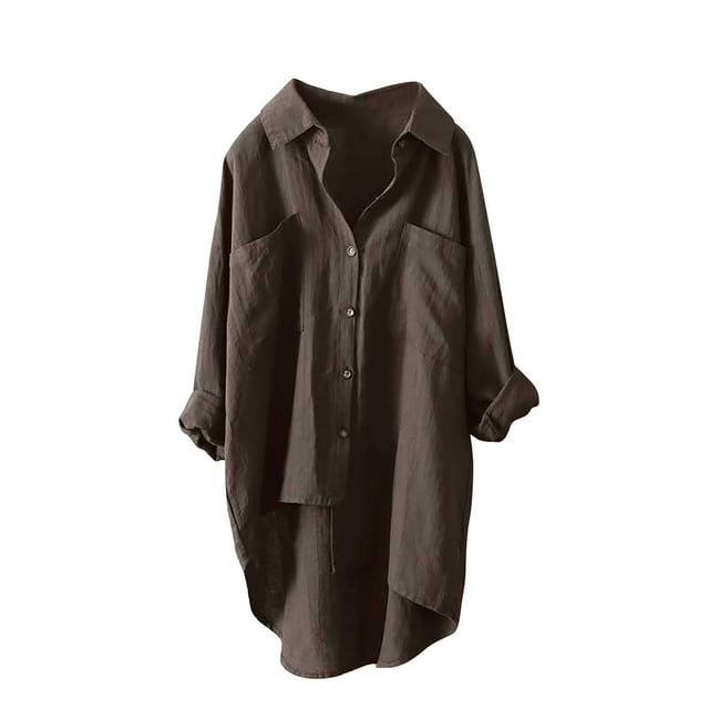 Admvng Womens Shirts Linen Roll-Up Sleeve Button Irregular Tunic Blouse with Pockets S-5XL