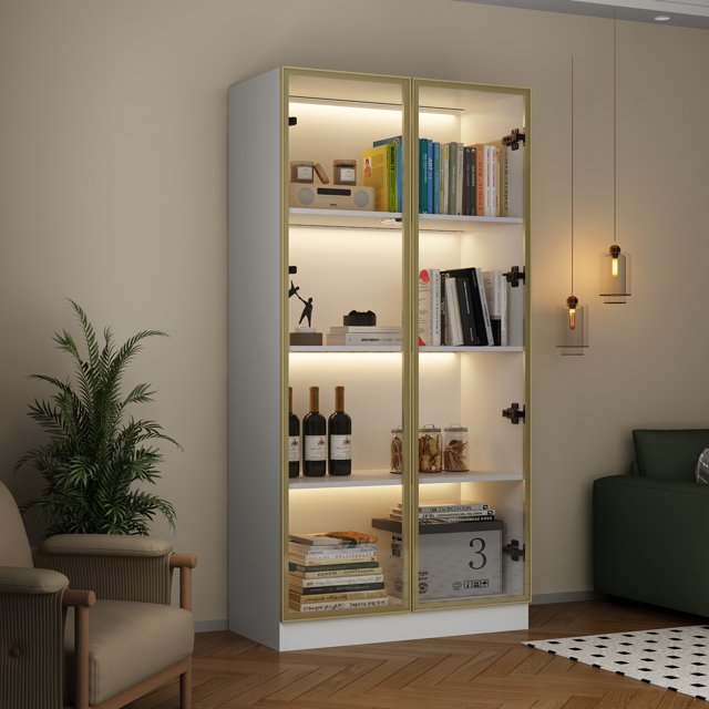 Oxylife Armoire d'Exposition en Verre à 4 Niveaux avec Lumières DEL, Blanc