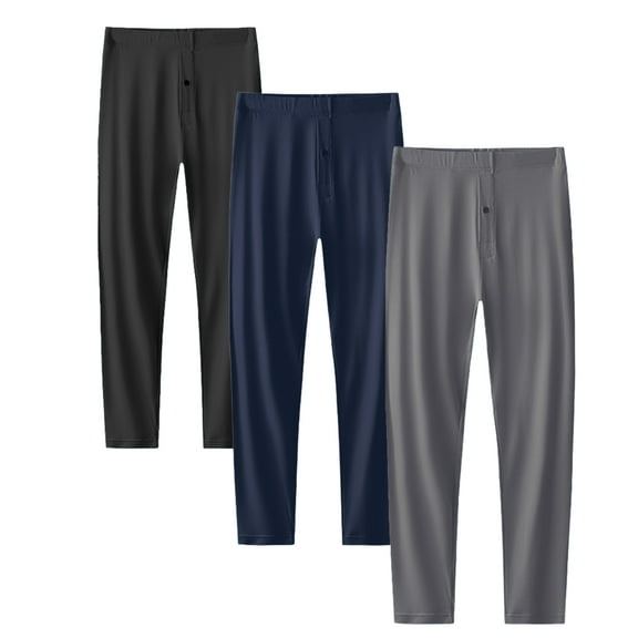 Men's Thermal Underwear, Slim-Fit No-Seam Modal Base Layers, 3-Pack, Black Blue Gray, Size L