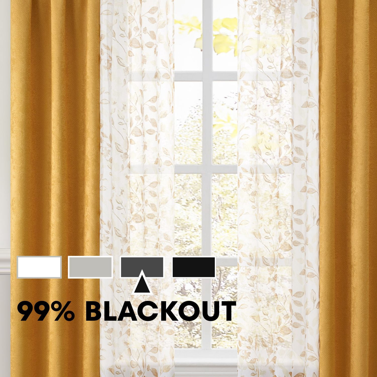 Mainstays Metallic Blackout Curtains and Sheers Set, 4 Panels, Brown Butter, 27.5" W x 84” L