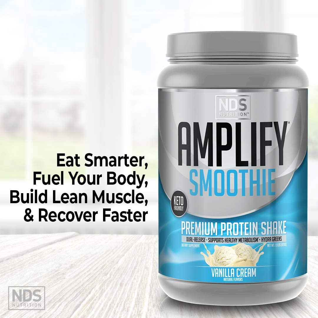 NDS Nutrition Amplify Smoothie Premium Whey Protein Powder Shake with Added Greens and Amino Acids - Build Lean Muscle, Gain Strength, Lasting Energy, and Lose Fat - Vanilla (30 Servings)