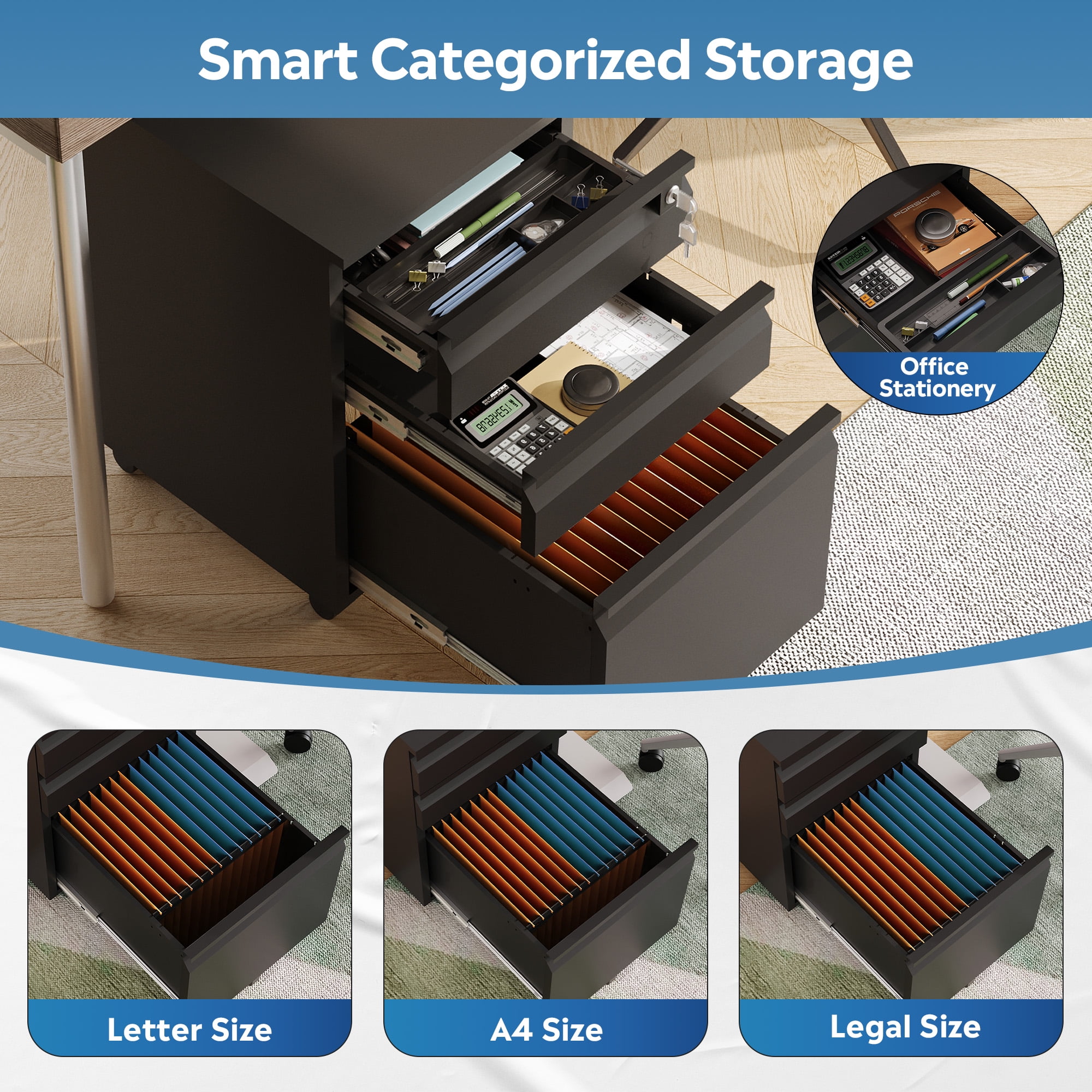 GALAXHERO File Cabinet 3 Drawer, Metal Filing Cabinet on Wheels for Home Office, Under Desk Storage with Lock, Fits Letter/A4/Legal Size, Black