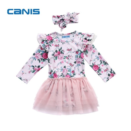 

Canis Newborn Infant Baby Girls Romper Jumpsuit Long Sleeve Floral Print Cute Tutu Dress Tulle Ruffle Jumpsuit + Bowknot Headband 2Pcs Outfits Cotton Clothes 0-18M