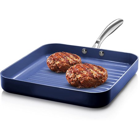 Granitestone Blue Nonstick 10.5 Grilling Pan, Diamond Infused, Metal Utensil Sear Ridges for Grease Draining, Stay Cool Stainless-Steel Handle Oven & Dishwasher Safe, 100% PFOA Free