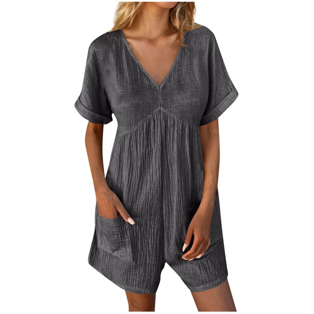 biudgviw Romper for Women Summer V Neck Short Sleeve Wide Leg Ruched Casual Jumpsuits Loose Overall Shorts with Pockets